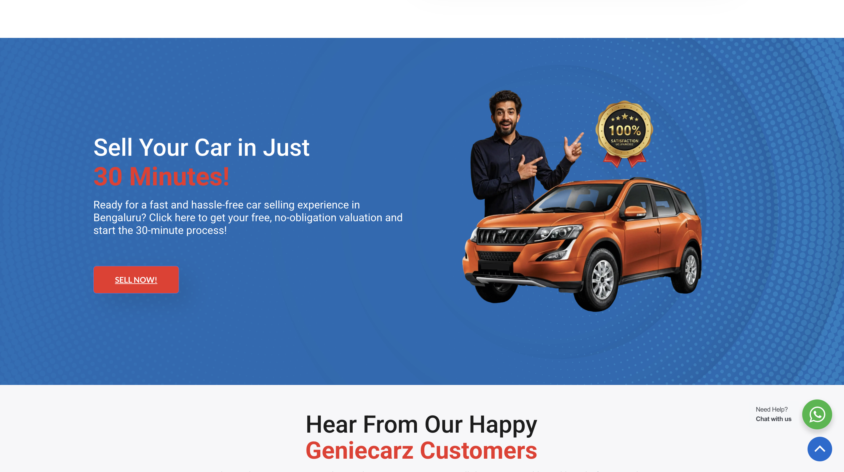 Genie Carz landing section and testimonial heading