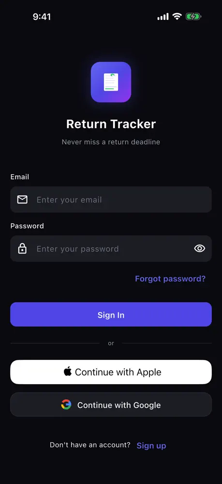 Return Track sign in screen