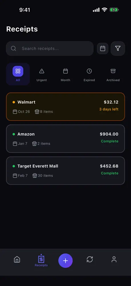 Return Track scan receipt screen
